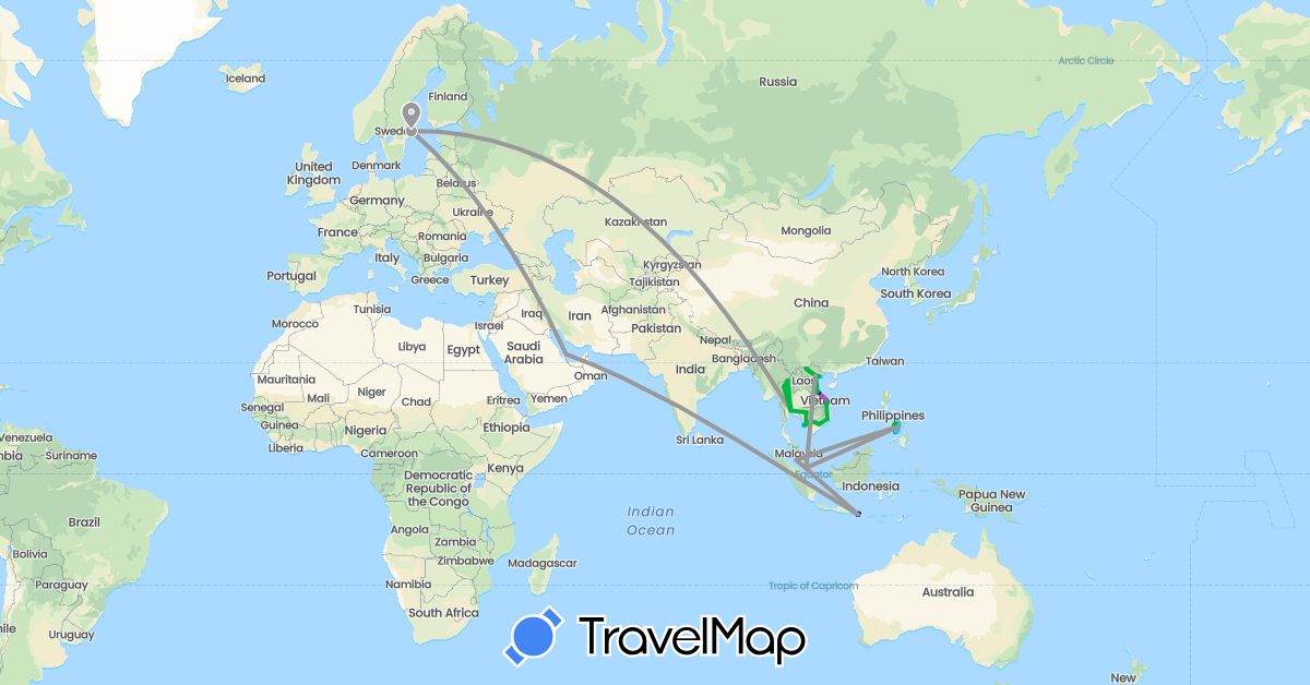 TravelMap itinerary: driving, bus, plane, train, boat in Indonesia, Cambodia, Malaysia, Philippines, Qatar, Sweden, Singapore, Thailand, Vietnam (Asia, Europe)